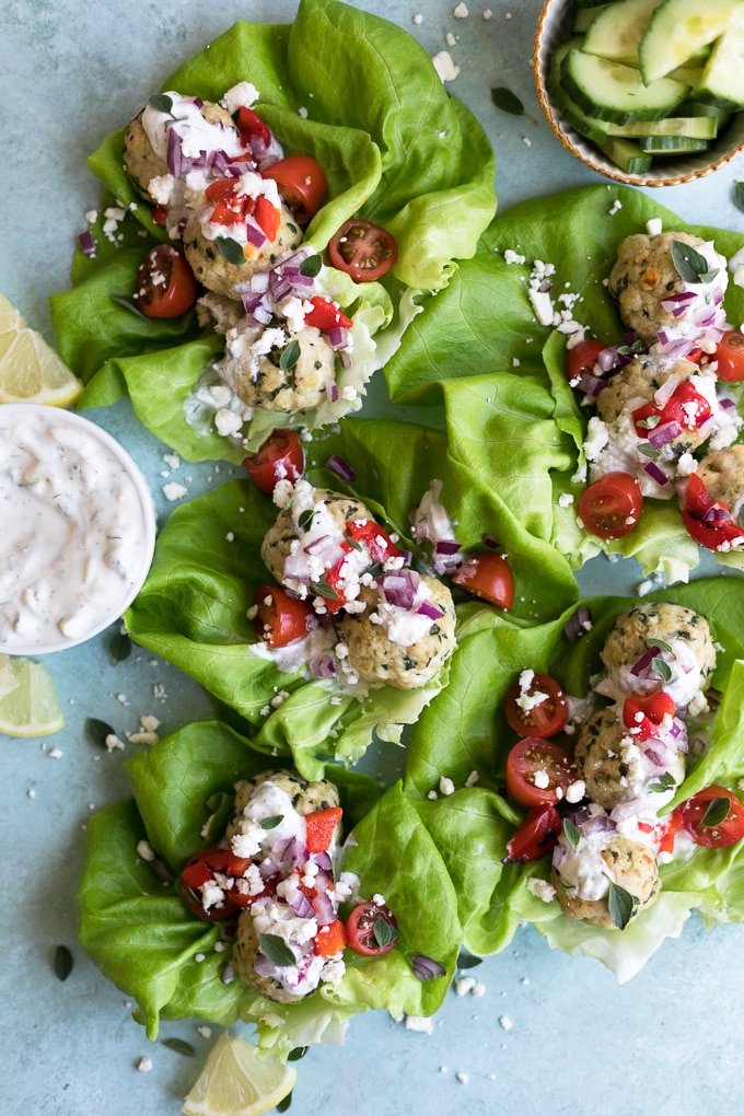 Greek Turkey Meatball Lettuce Wraps with Easy Tzatziki Sauce