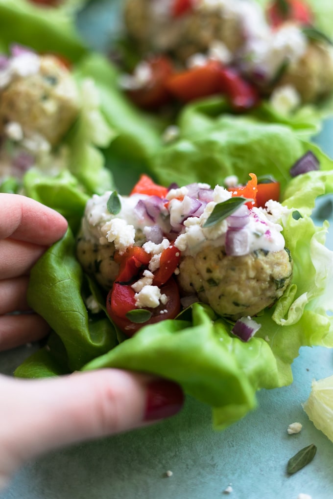 Greek Turkey Meatball Lettuce Wraps with Easy Tzatziki Sauce