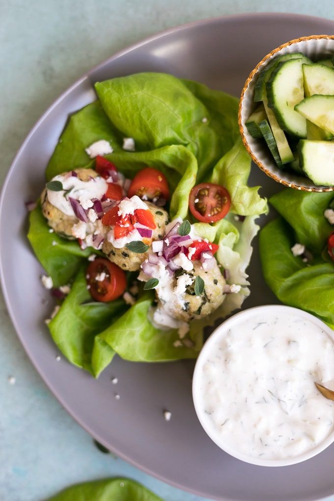 Greek Turkey Meatball Lettuce Wraps with Easy Tzatziki Sauce