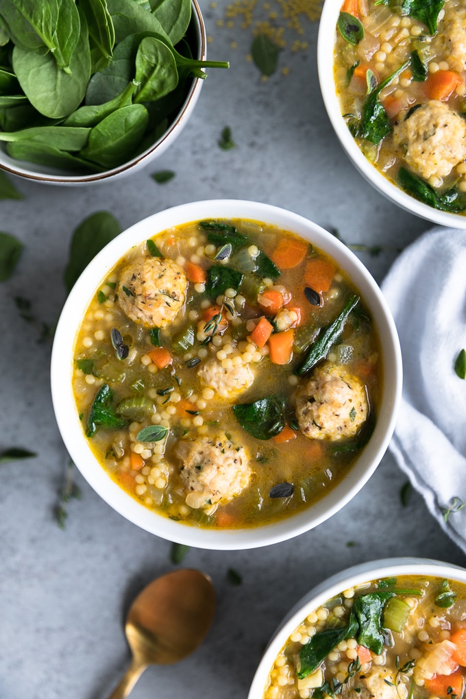 Mini Meatball Chicken Noodle Soup with Veggies Spinach and Acini de Pepe
