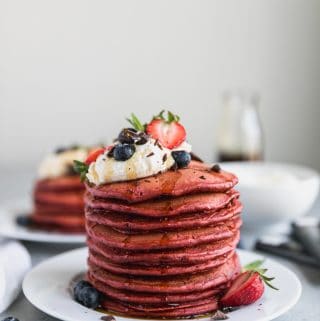 Red Velvet Pancakes with Mascarpone Whipped Cream