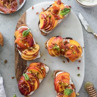 Peach Toasts with Crispy Prosciutto and Honey Whipped Ricotta