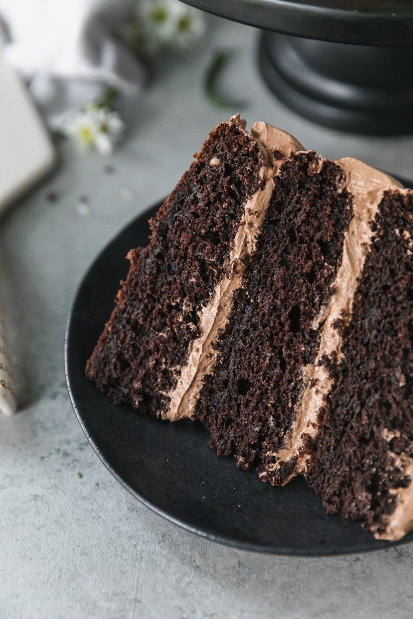 Close up shot of a piece of chocolate cake with light chocolate frosting