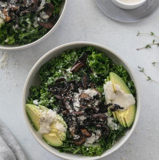 Crispy Mushroom Kale Salad with Parmesan Garlic Dressing