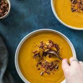 Creamy Sweet Potato Soup with Bacon and Maple Pecan Crunch