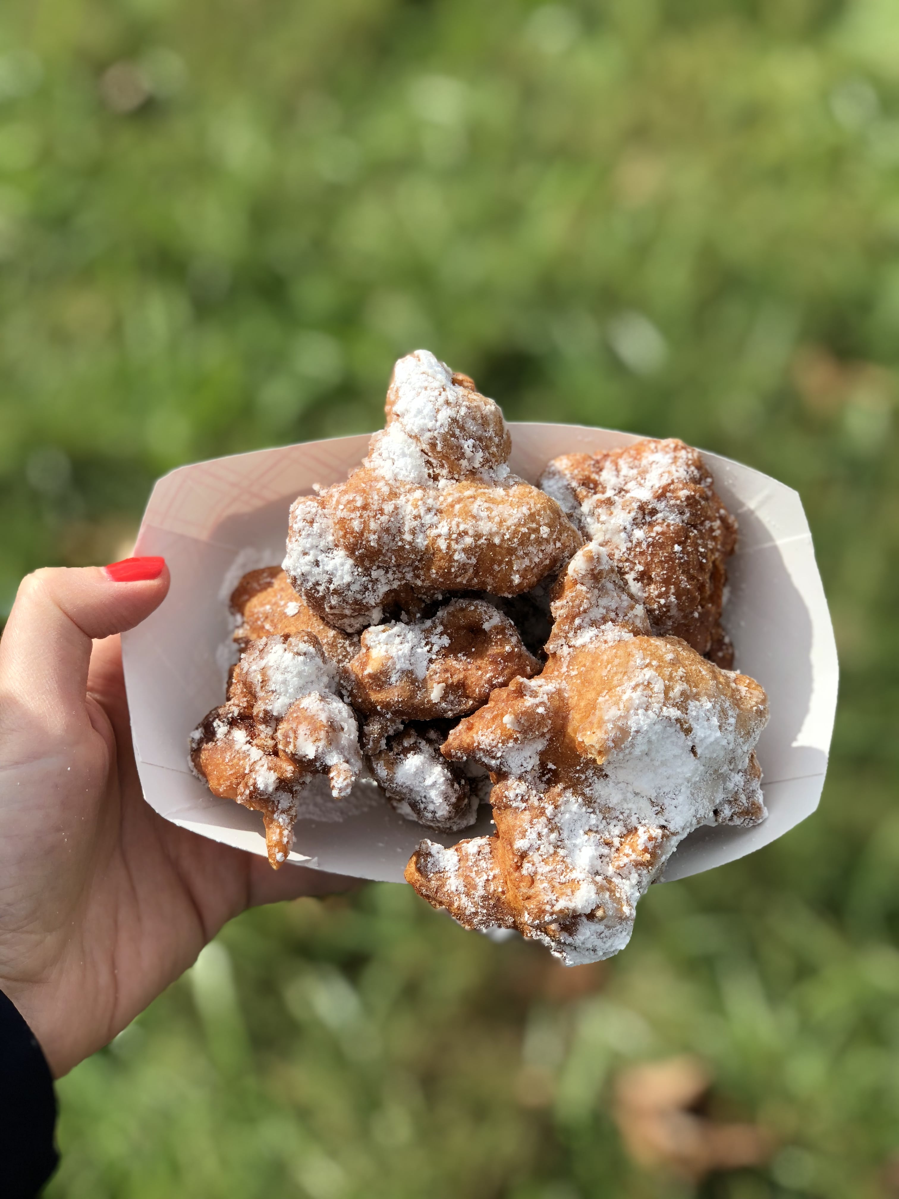 Overhead shot of a plate of apple fritters covered in powdered sugar