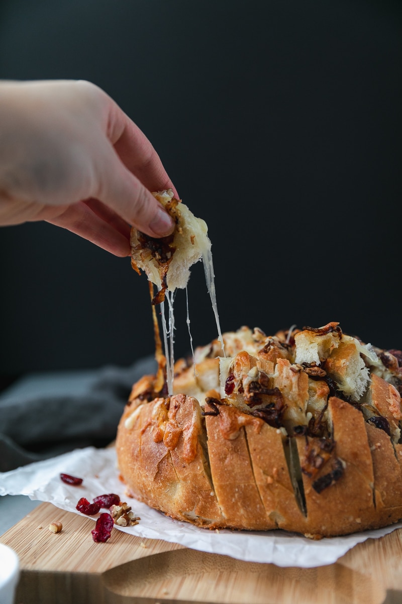 Forward facing shot of a loaf of bread stuffed with melted cheese, caramelized onions, cranberries, and pecans with a hand pulling a cheesy piece of bread off of it against a black background