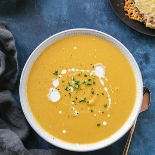 Roasted Root Vegetable Soup with Cheesy Toasts