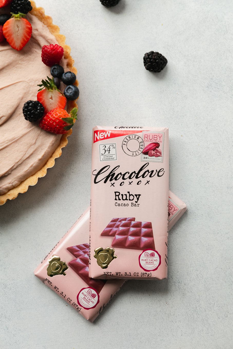 Overhead shot of a stack of ruby chocolate bars