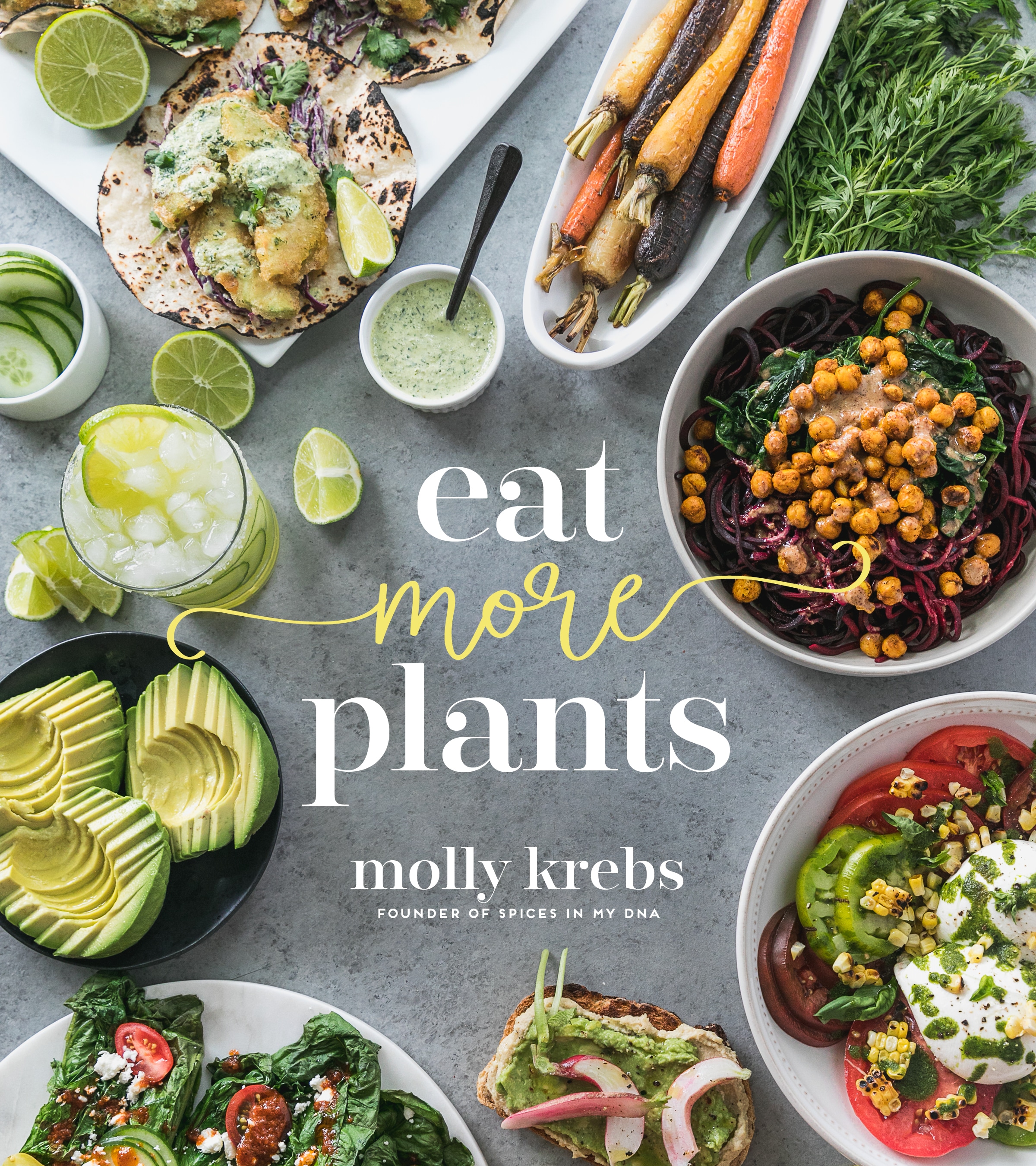 Shot of eat more plants cookbook cover with colorful vegetable dishes