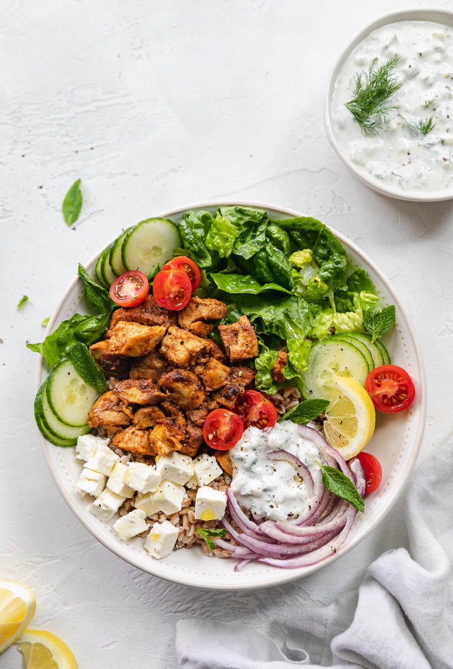 Overhead shot of a chicken shawarma bowl