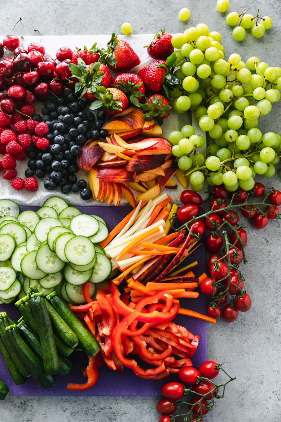 Overhead shot of colorful fruits and vegetables