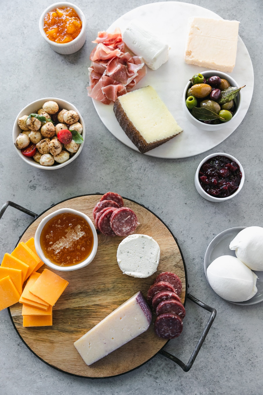 Overhead shot of cheeses and salami