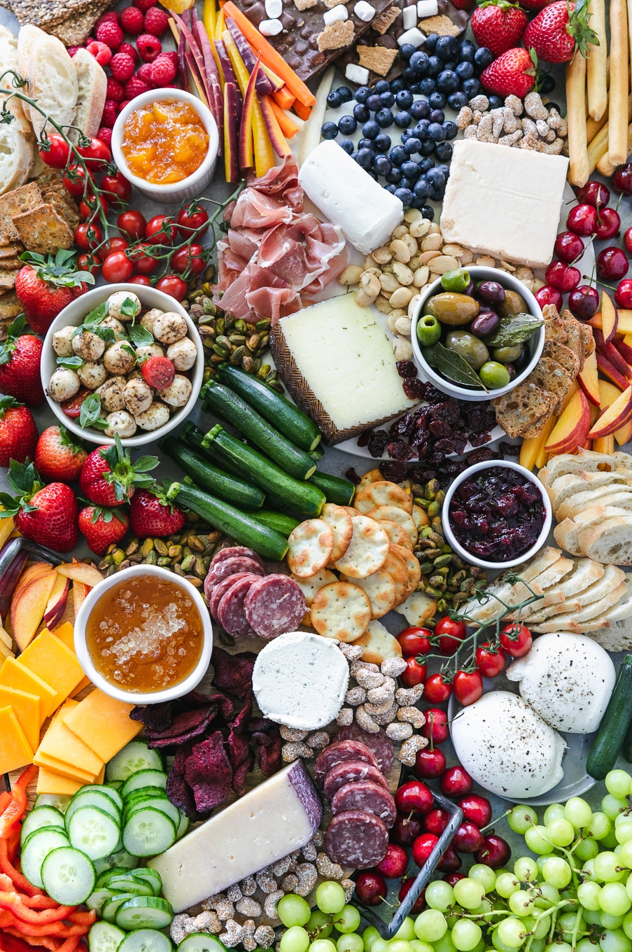Overhead shot of a colorful summer cheeseboard