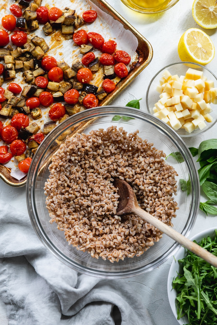 Overhead shot of a bowl of farro, with a pan of roasted tomatoes and eggplant, and a bowl of smoked mozzarella