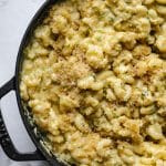 Overhead shot of a pot of mac and cheese with breadcrumbs