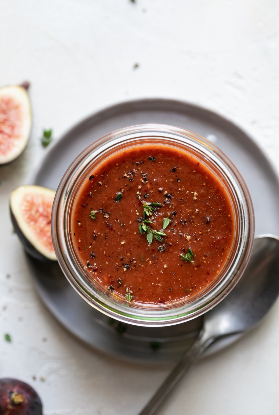 Overhead shot of a jar of fig vinaigrette