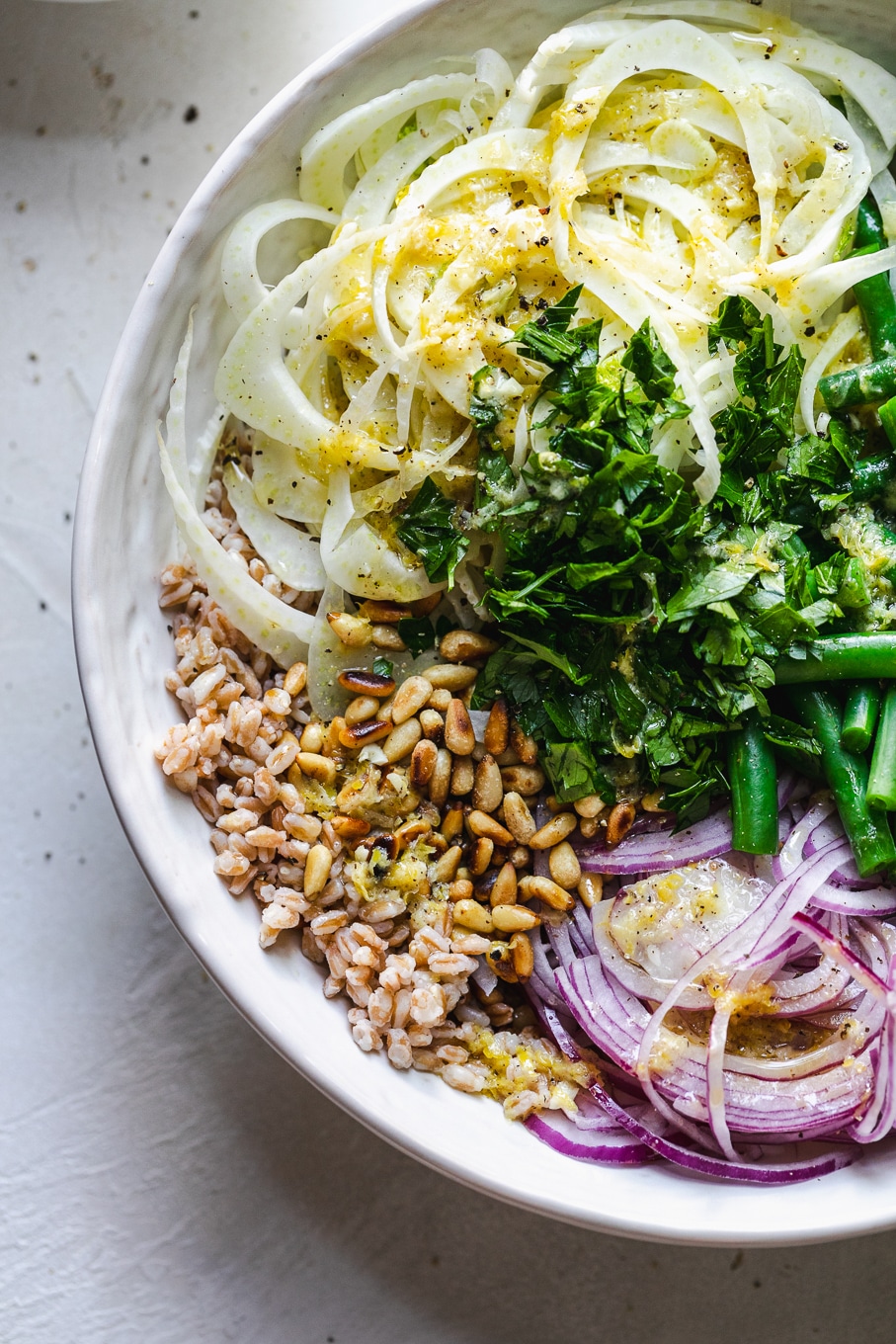 Close up shot of a bowl filled with pine nuts, red onion, green beans, and fennel