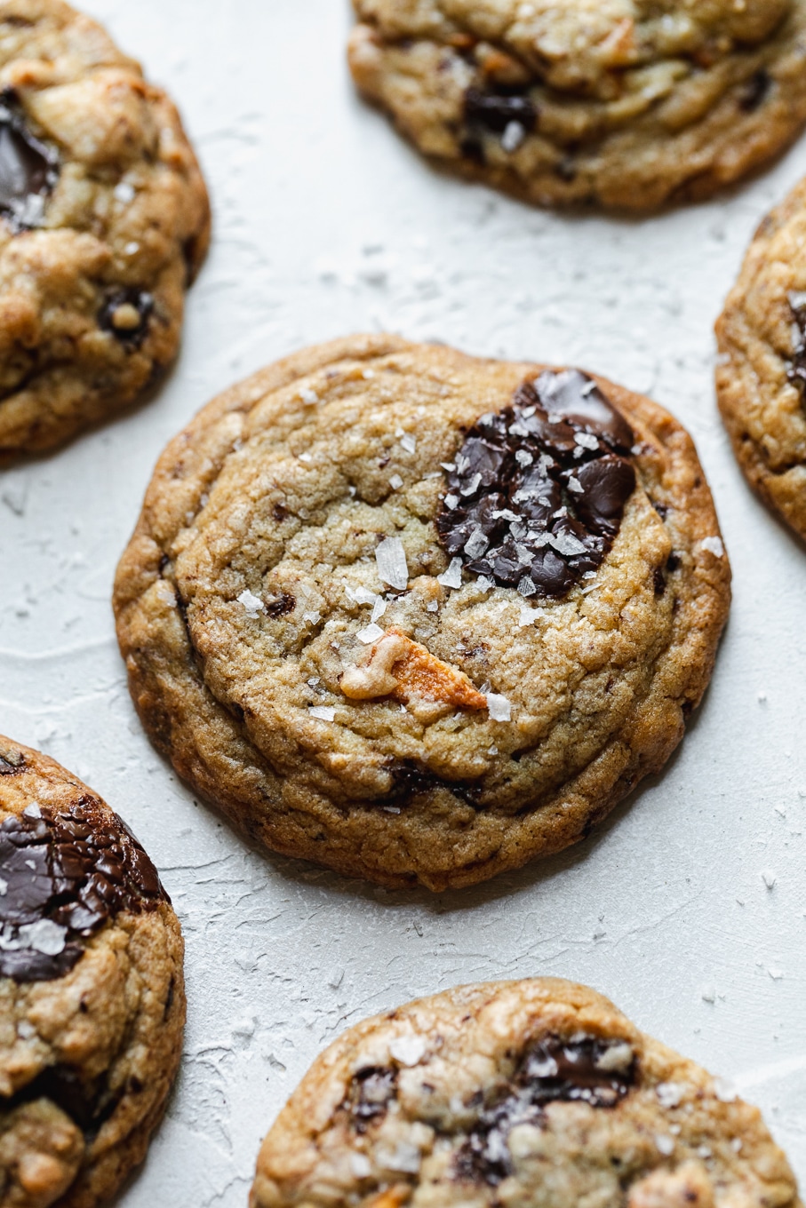 Close up shot of a mango dark chocolate chunk cookie