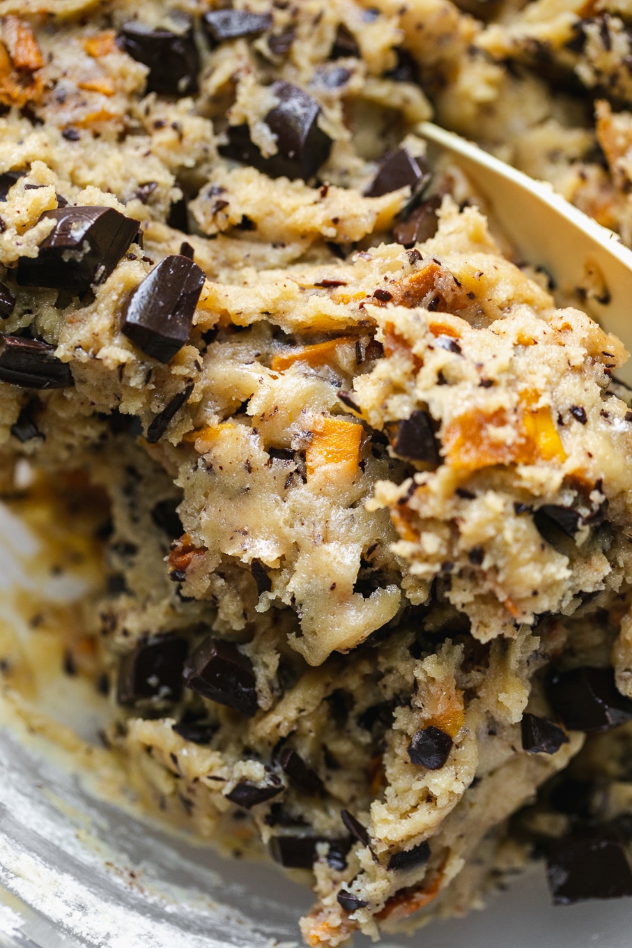 Close up shot of cookie dough in a bowl