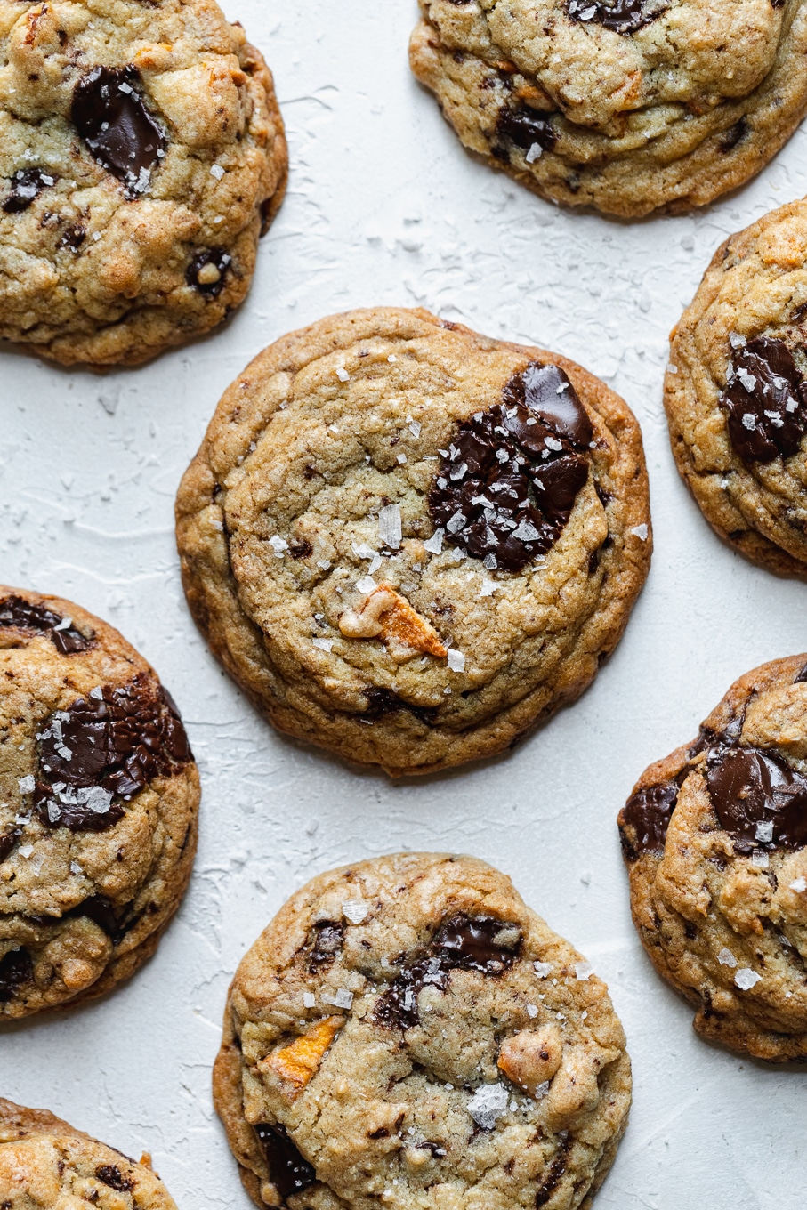 Overhead shot of a mango dark chocolate chunk cookies