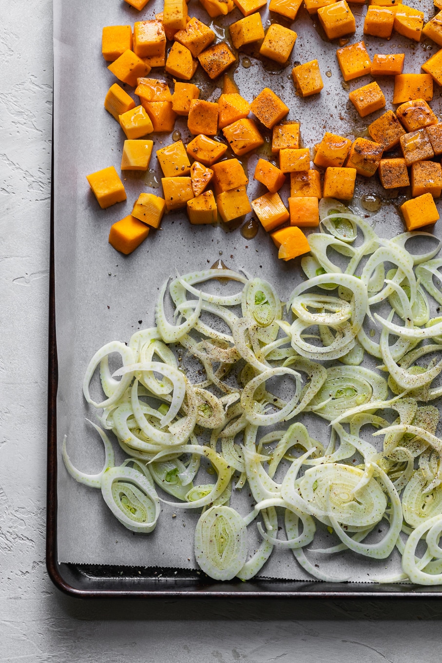 Overhead shot of butternut squash and fennel before roasting