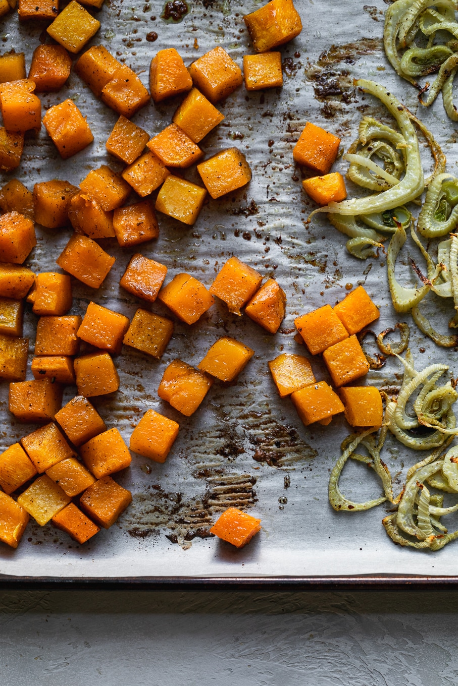 Overhead shot of roasted butternut squash and fennel