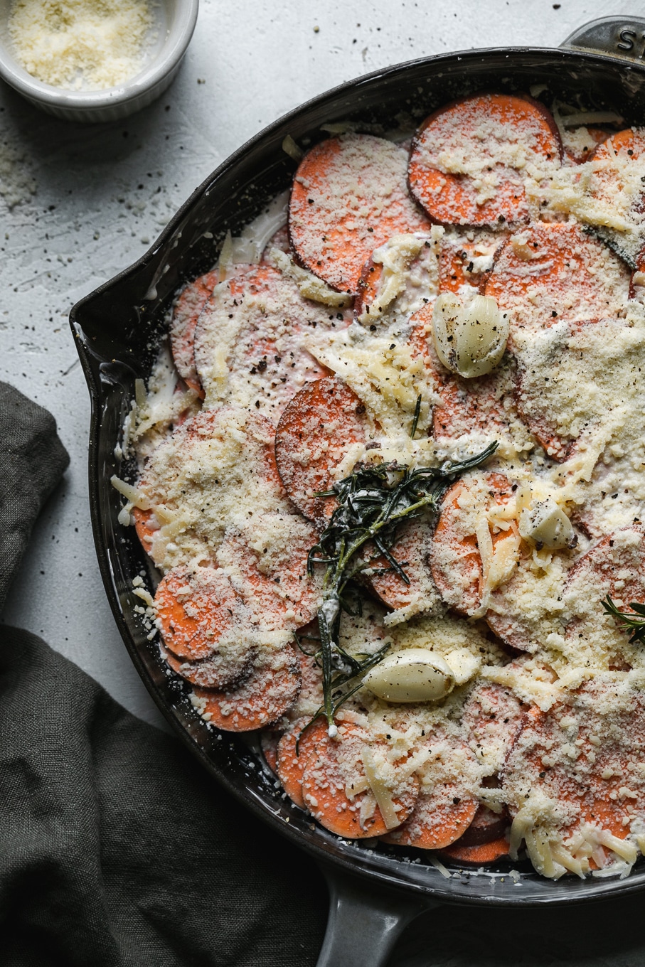 Overhead shot of gratin before baking