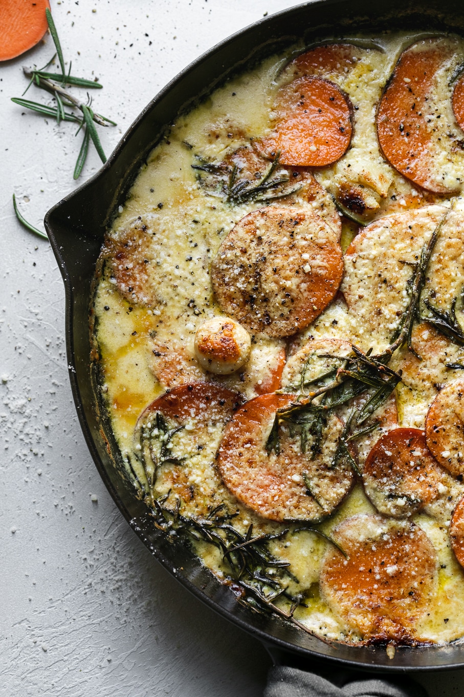 Overhead close up shot of sweet potato gratin after baking