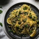 Green Olive Pasta with Toasted Lemon Breadcrumbs and Herbs