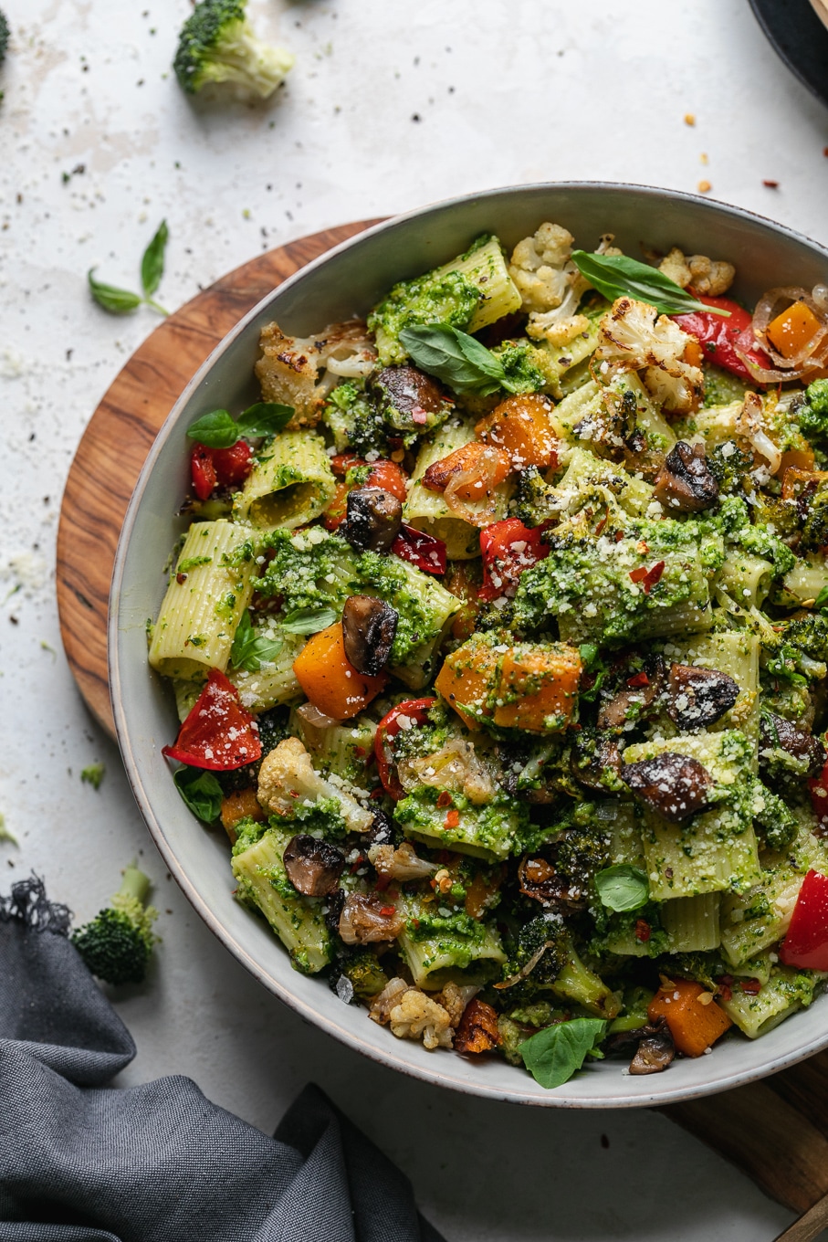 Overhead close up shot of pesto pasta