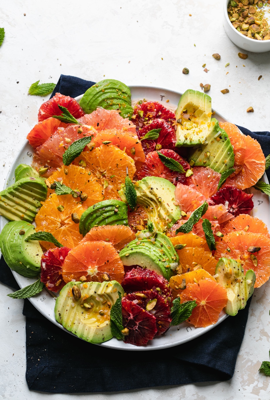 Overhead shot of a colorful citrus avocado salad