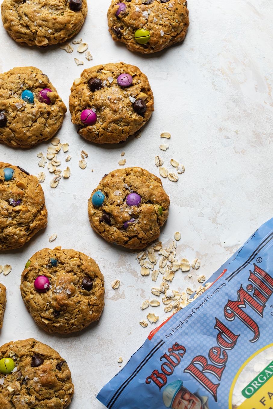 Overhead shot of cookies and a bag of oats