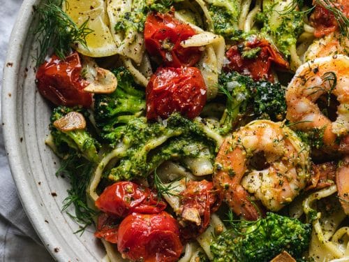 Shrimp Pasta With Dill Pesto And Garlic Roasted Tomatoes