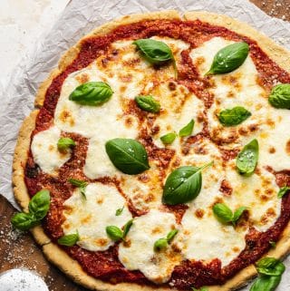 Overhead shot of a margherita pizza